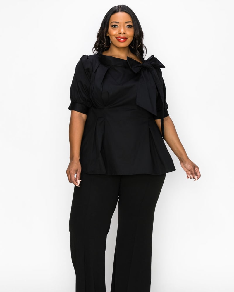 Front of a model wearing a plus size Poplin Ribbon Blouse in Black by L I V D. | dia_product_style_image_id:240153